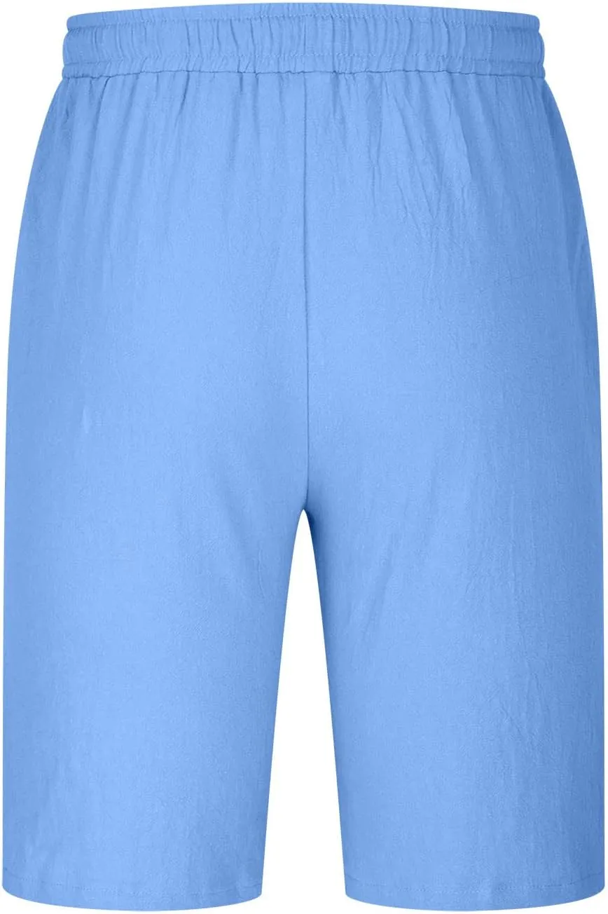 Mens Shorts Summer Trendy Cotton Linen Sport Pants Elastic Waist Drawstring Trousers Straight Beach Pants with Pockets