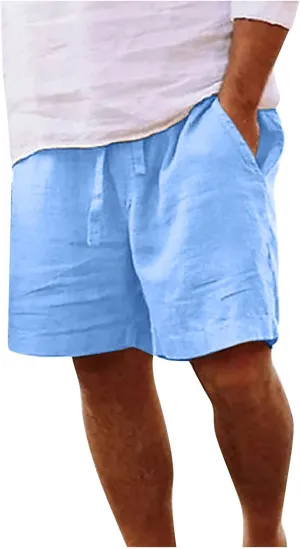 Mens Shorts Summer Trendy Cotton Linen Sport Pants Elastic Waist Drawstring Trousers Straight Beach Pants with Pockets