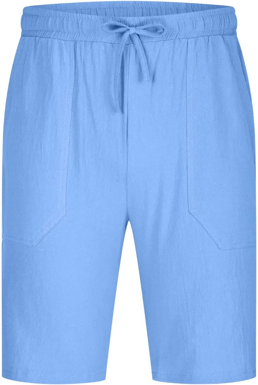 Mens Shorts Summer Trendy Cotton Linen Sport Pants Elastic Waist Drawstring Trousers Straight Beach Pants with Pockets