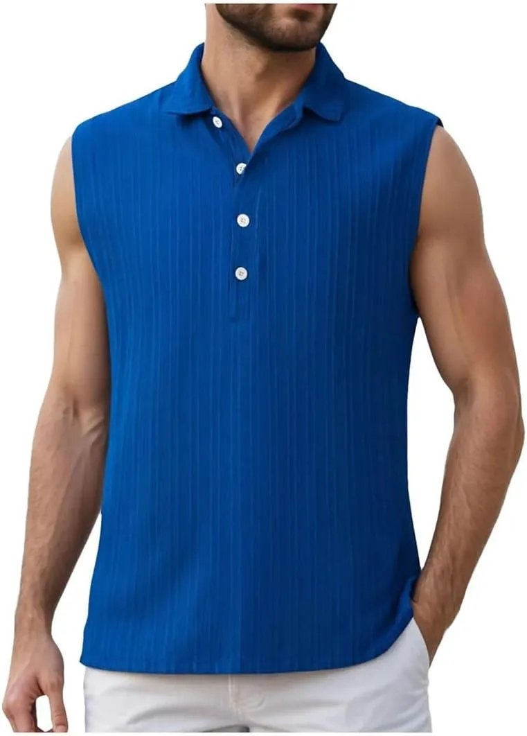 Men's Summer Sleeveless Beach Casual Tank Tops Beach Holiday Lapel Neck Camisole with Button Shirt