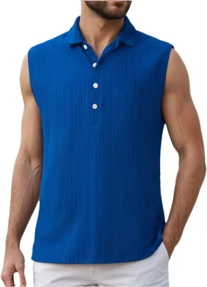 Men's Summer Sleeveless Beach Casual Tank Tops Beach Holiday Lapel Neck Camisole with Button Shirt
