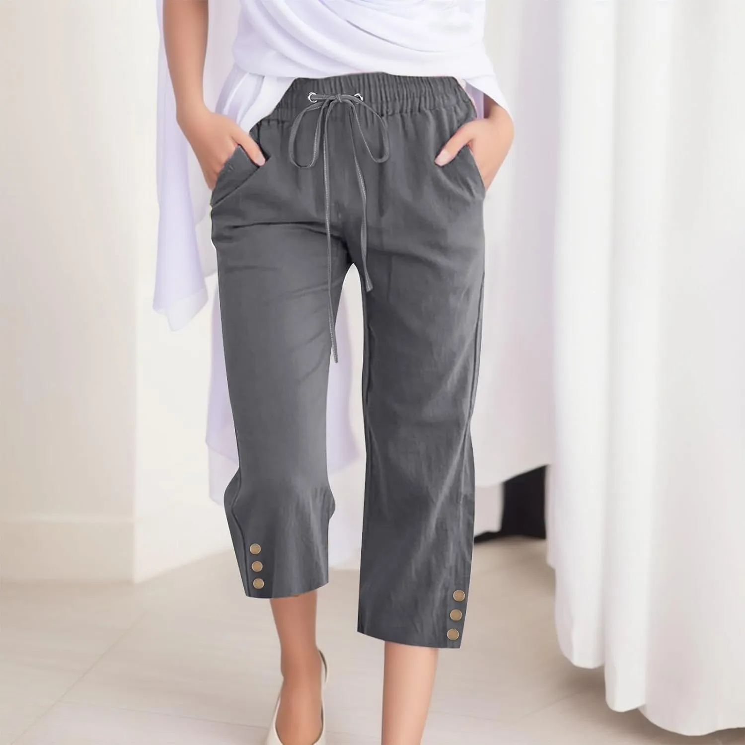 midelxp Linen Capri Pants for Women Casual 2024 Summer Drawstring High Waist Lounge Pants Baggy Straight Leg Cropped Trouser