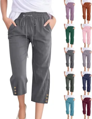 midelxp Linen Capri Pants for Women Casual 2024 Summer Drawstring High Waist Lounge Pants Baggy Straight Leg Cropped Trouser