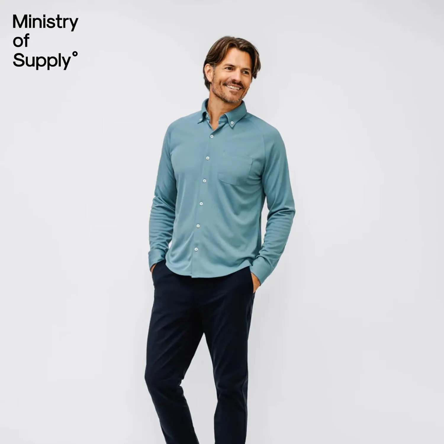 Ministry of Supply Men's Apollo Raglan Sport Dress Shirt, Casual Long Sleeve Button Down, Moisture Wicking, Wrinkle-Resistant