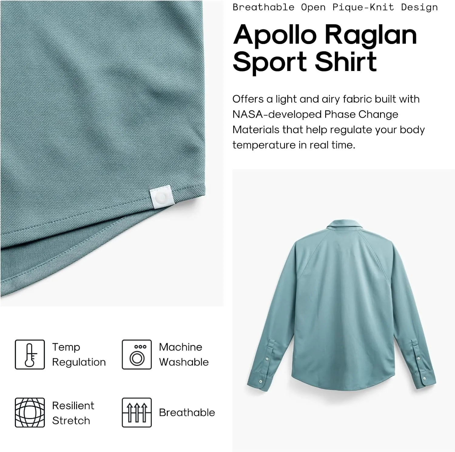 Ministry of Supply Men's Apollo Raglan Sport Dress Shirt, Casual Long Sleeve Button Down, Moisture Wicking, Wrinkle-Resistant