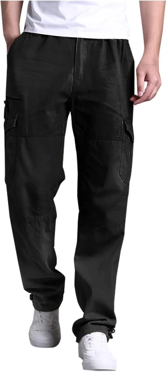 Muscularfit Men's Cargo Pants Big and Tall Cotton Elastic Waist Multi Pockets Straight Trousers Casual Loose Solid Sweatpants