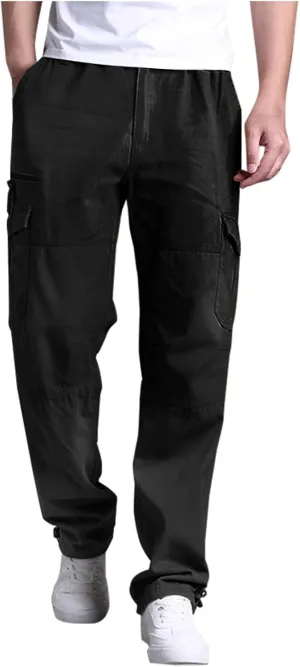 Muscularfit Men's Cargo Pants Big and Tall Cotton Elastic Waist Multi Pockets Straight Trousers Casual Loose Solid Sweatpants
