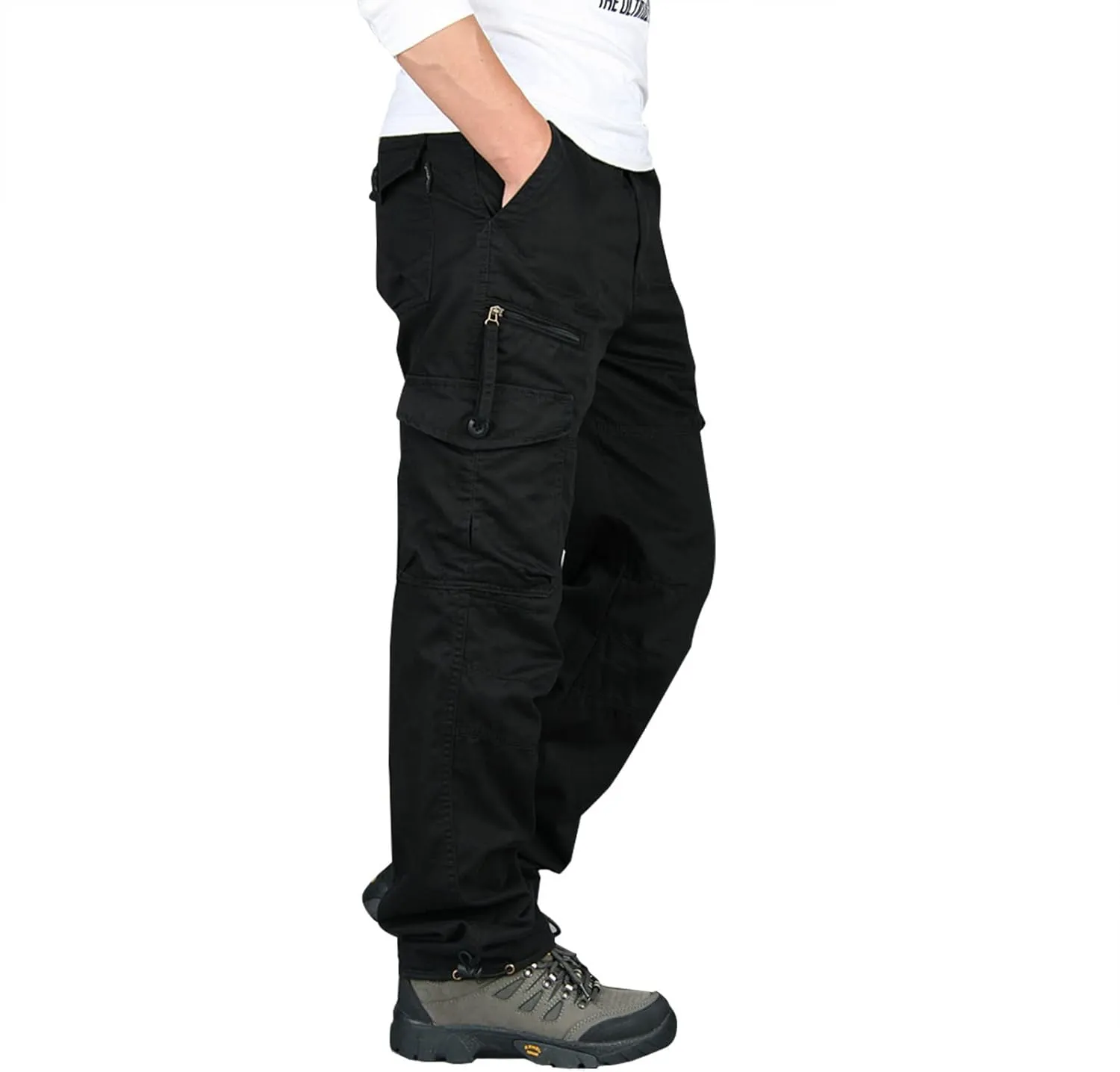 Muscularfit Men's Cargo Pants Big and Tall Cotton Elastic Waist Multi Pockets Straight Trousers Casual Loose Solid Sweatpants