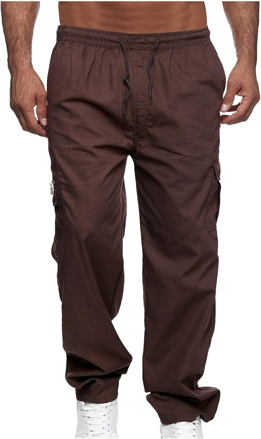 Muscularfit Mens Pants Drawstring Elastic Waist Quick Dry Solid Sport Cargo Pants Casual Loose Multi Pockets Sweatpants