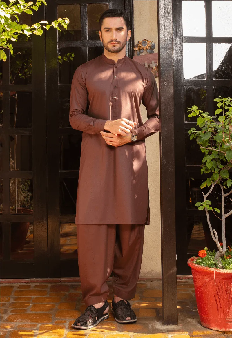 Mustard brown band collar shalwar kameez - D012419