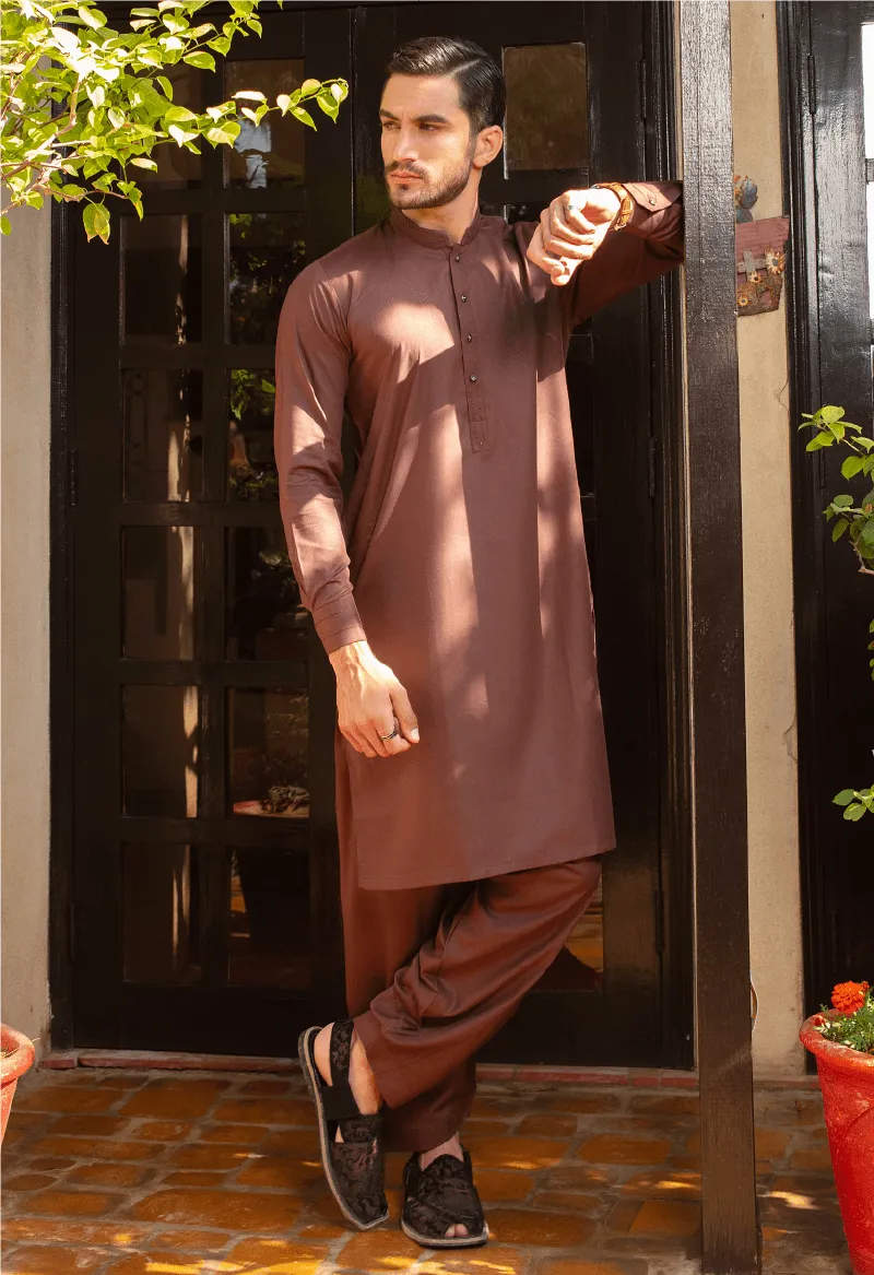 Mustard brown band collar shalwar kameez - D012419