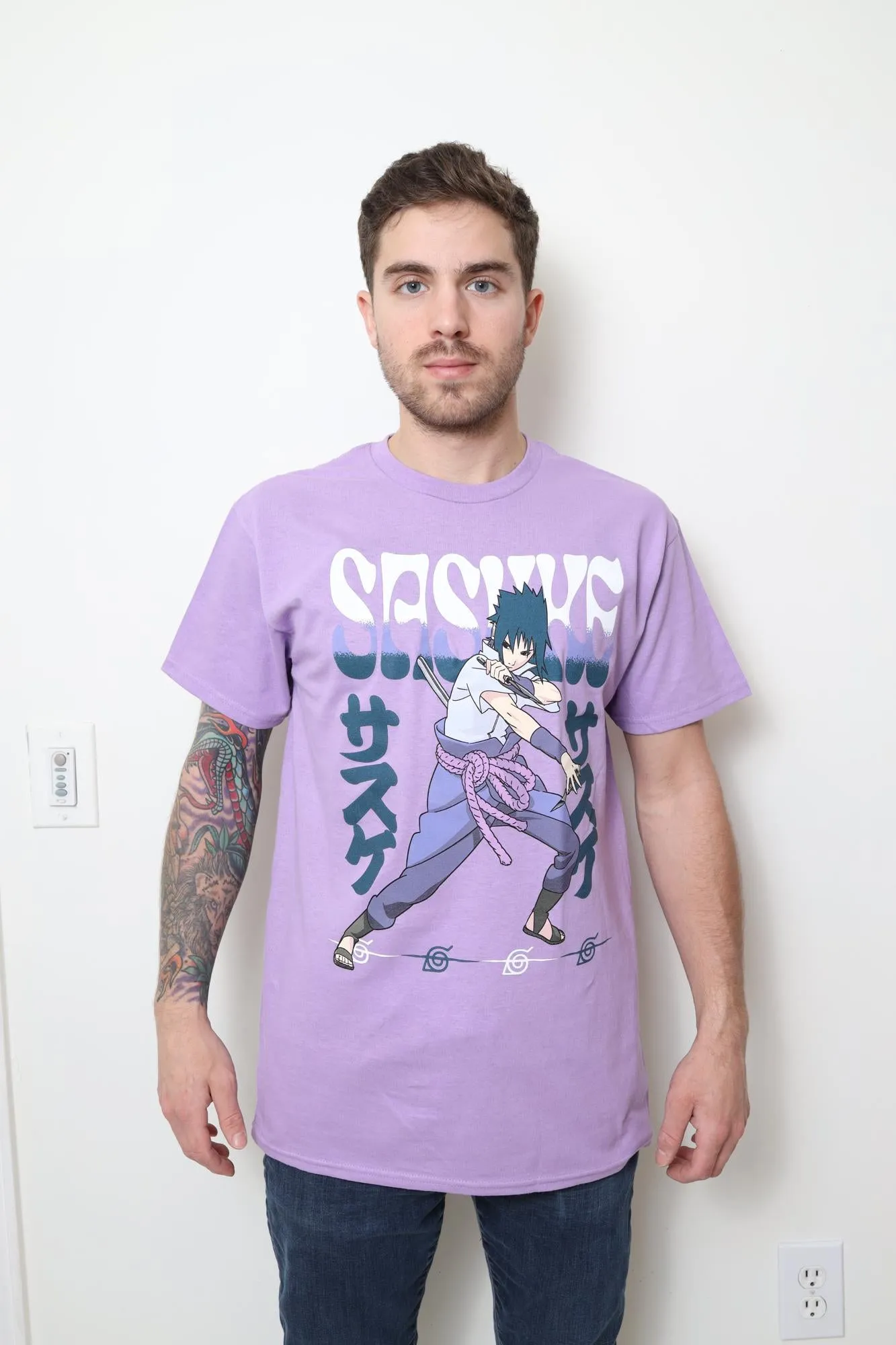 Naruto Shippuden Fighting Stance Sasuke With Name Adult T-Shirt
