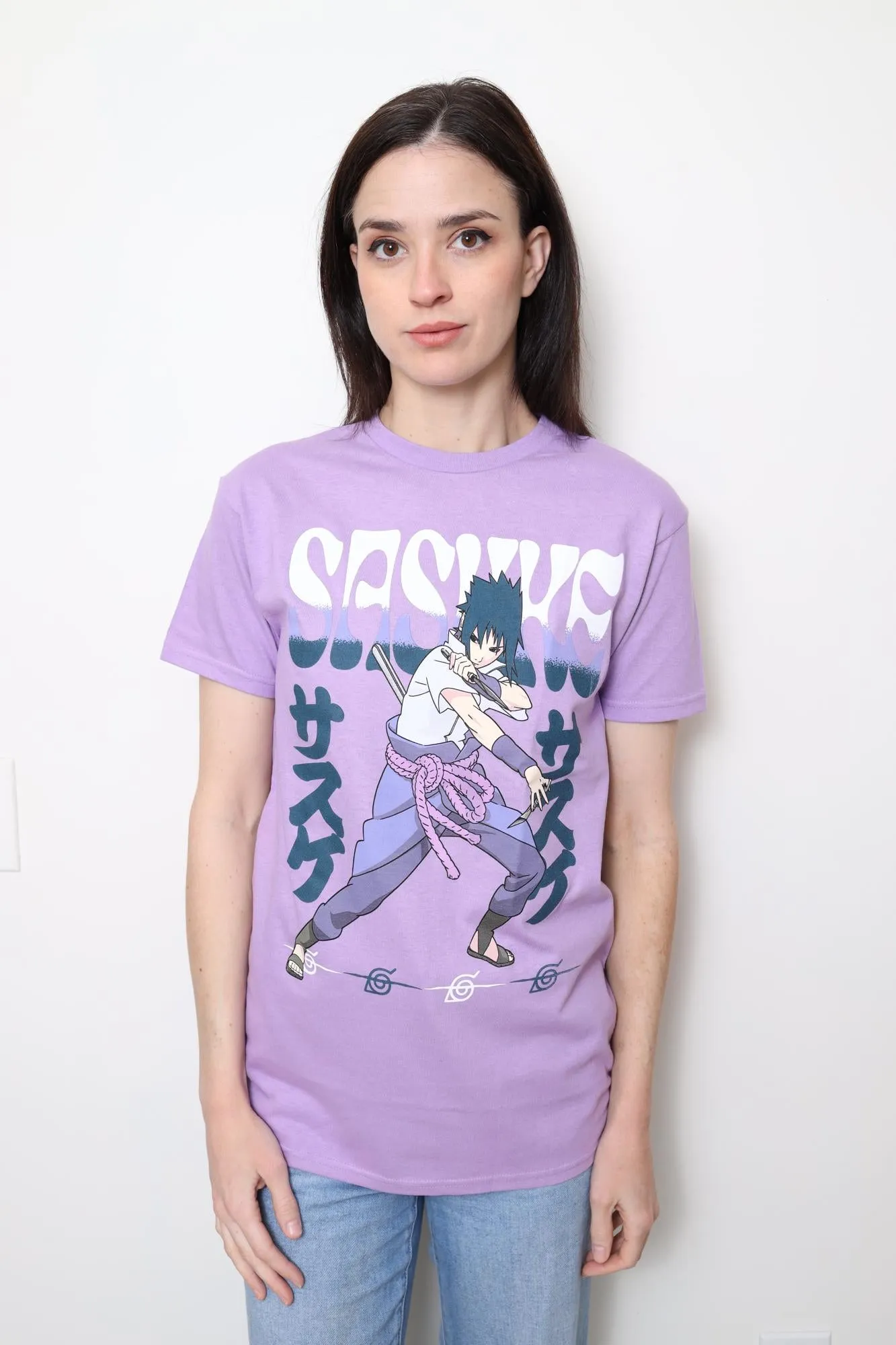 Naruto Shippuden Fighting Stance Sasuke With Name Adult T-Shirt