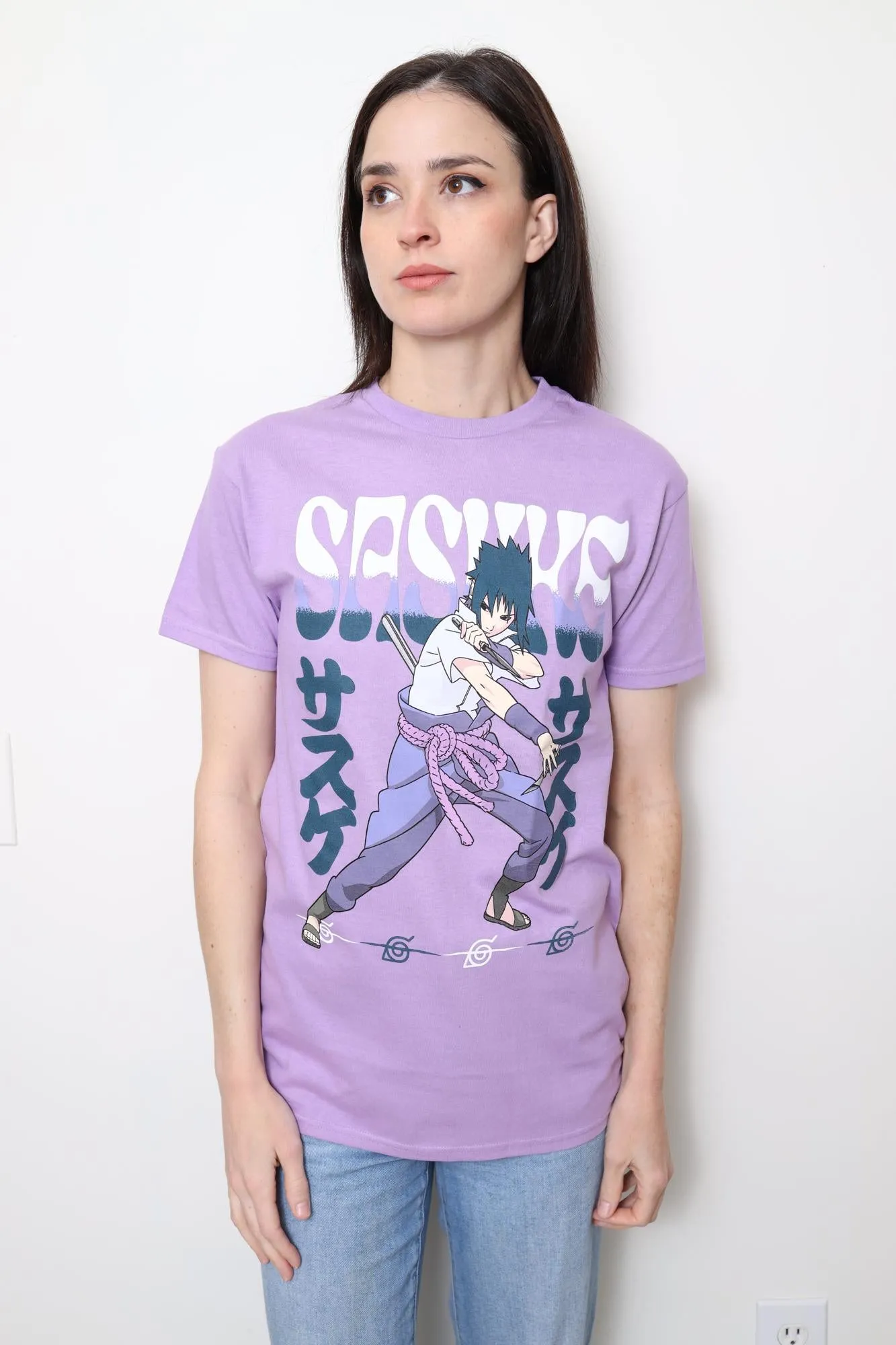 Naruto Shippuden Fighting Stance Sasuke With Name Adult T-Shirt