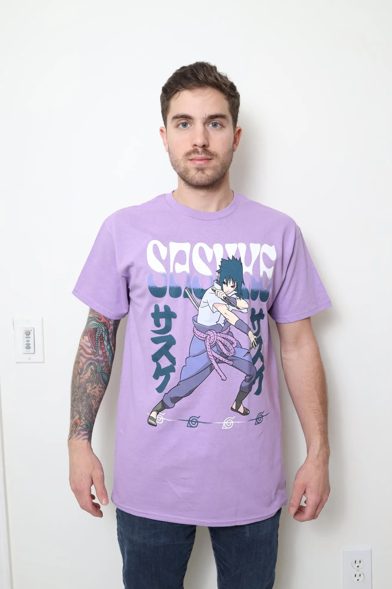 Naruto Shippuden Fighting Stance Sasuke With Name Adult T-Shirt