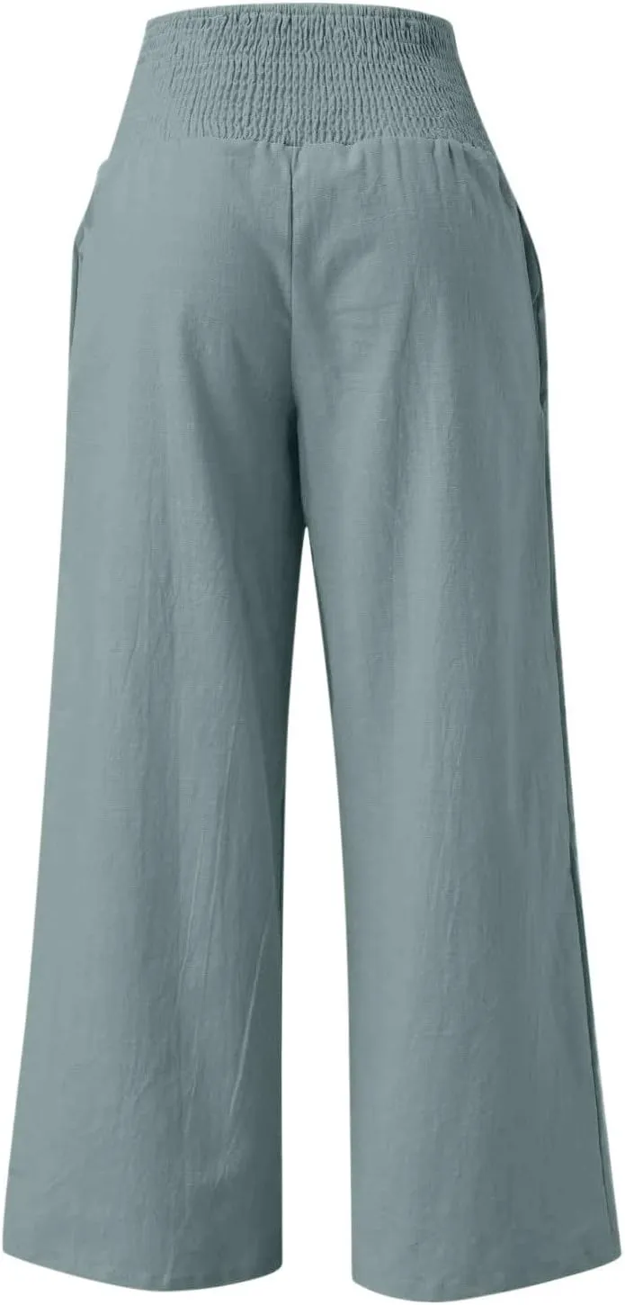 NATHGAM Women's Summer Wide Leg Pants Cotton Linen Casual Smocked High Waisted Palazzo Trousers Beach Travel Vacation Outfits