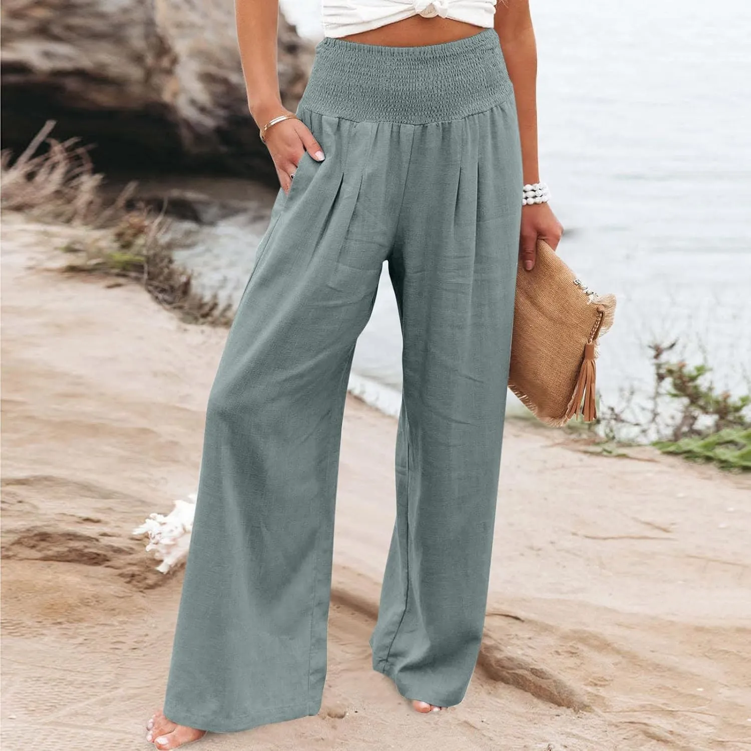 NATHGAM Women's Summer Wide Leg Pants Cotton Linen Casual Smocked High Waisted Palazzo Trousers Beach Travel Vacation Outfits