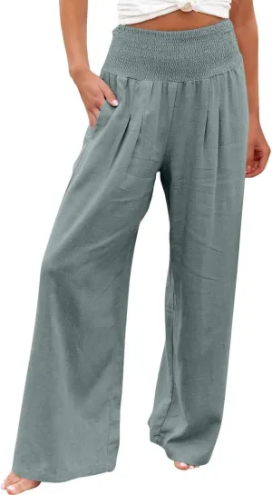 NATHGAM Women's Summer Wide Leg Pants Cotton Linen Casual Smocked High Waisted Palazzo Trousers Beach Travel Vacation Outfits