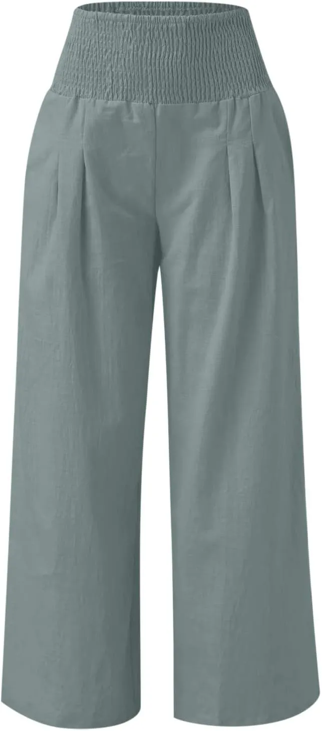 NATHGAM Women's Summer Wide Leg Pants Cotton Linen Casual Smocked High Waisted Palazzo Trousers Beach Travel Vacation Outfits