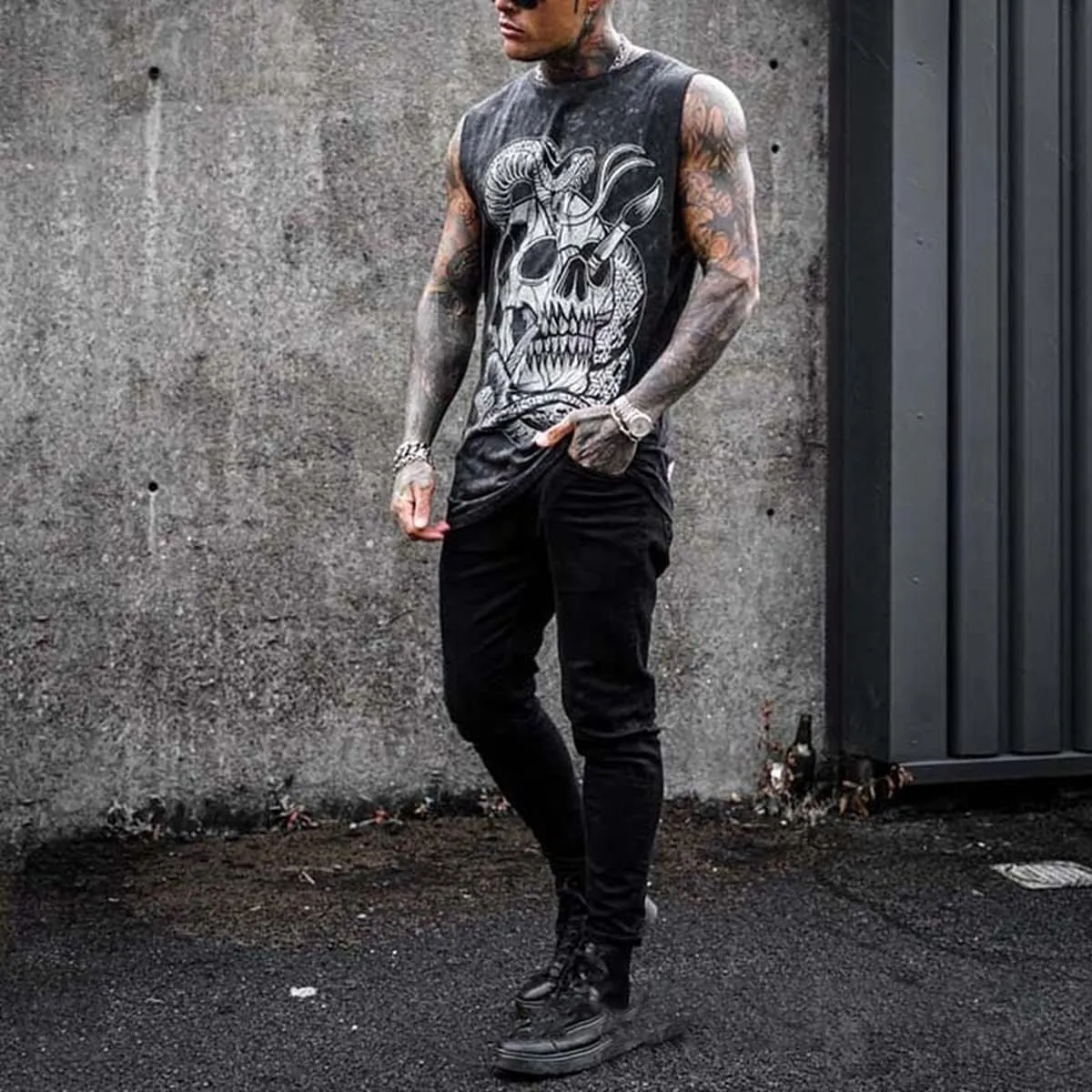 NINESTAR Men's Skull Graphic 3D Print Sleeveless Crewneck Shirt Quick Dry Sports Tank Tops
