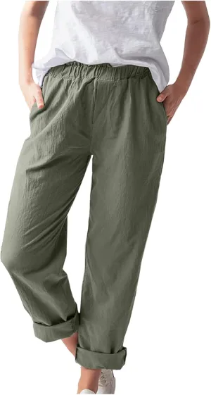 niuwa Cotton Linen Trousers for Women Solid Color Elastic Waist Casual Pants with Pockets Summer Casual Pants (Green, 2XL)