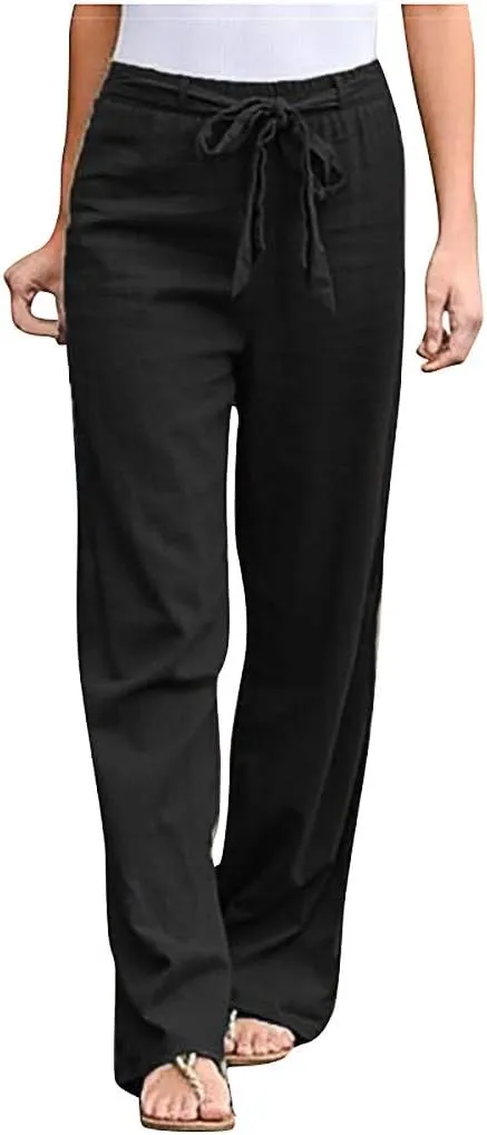 niuwa Women Cotton Linen Trousers Summer Solid Color Wide Leg Pants Elastic Waist Loose Lounge Pants Sweatpants (Black, L)