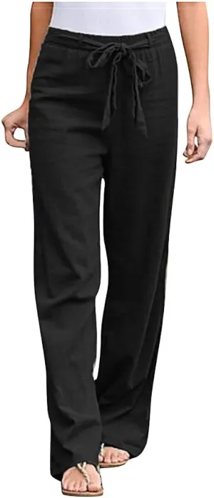 niuwa Women Cotton Linen Trousers Summer Solid Color Wide Leg Pants Elastic Waist Loose Lounge Pants Sweatpants (Black, L)