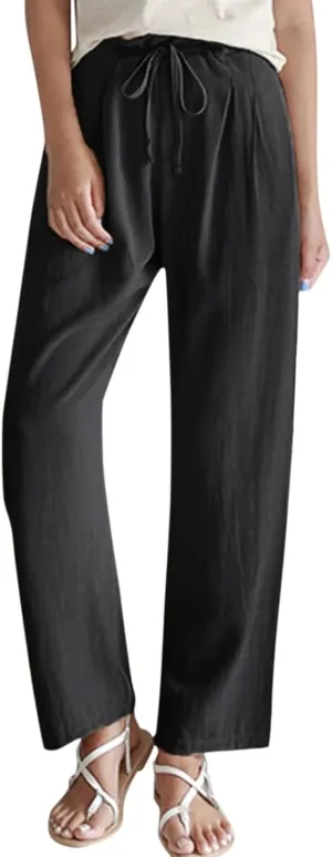niuwa Women Solid Color Cotton Linen Pants Drawstring Waist Straight Pants Loose Casual Summer Beach Trousers (Black, L)