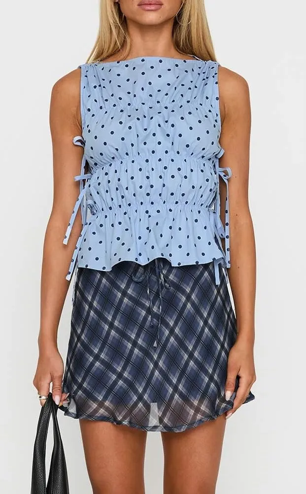 NUFIWI Women Cute Polka Dot Tank Top Boat Neck Smocked Going Out Y2k Tops Slim Fit Sleeveless Summer Shirts Streetwear