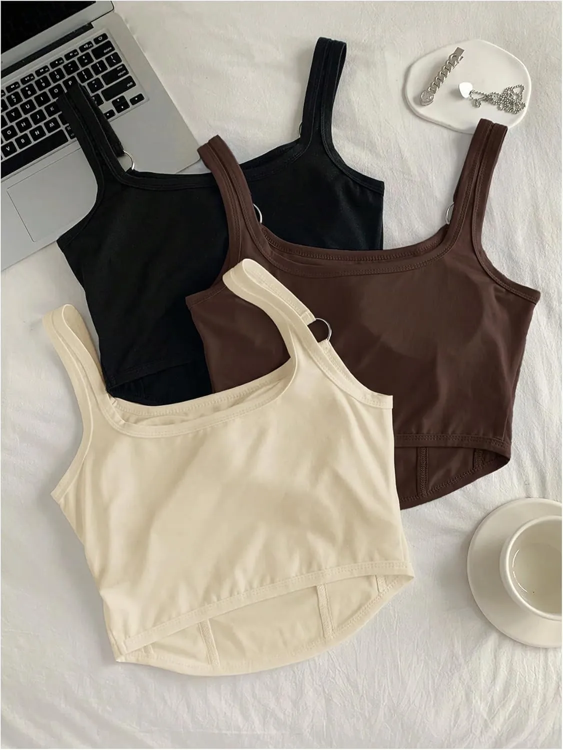 OYOANGLE Women's 3 Pack Letter Graphic Print Ring Linked Crop Tank Tops with Built in Bra