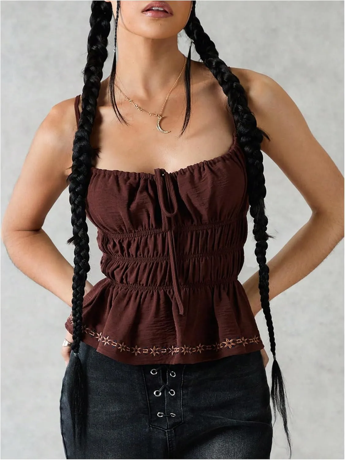 OYOANGLE Women's Boho Floral Embroidery Tie Front Cami Top Shirred Ruched Ruffle Camisole Tops