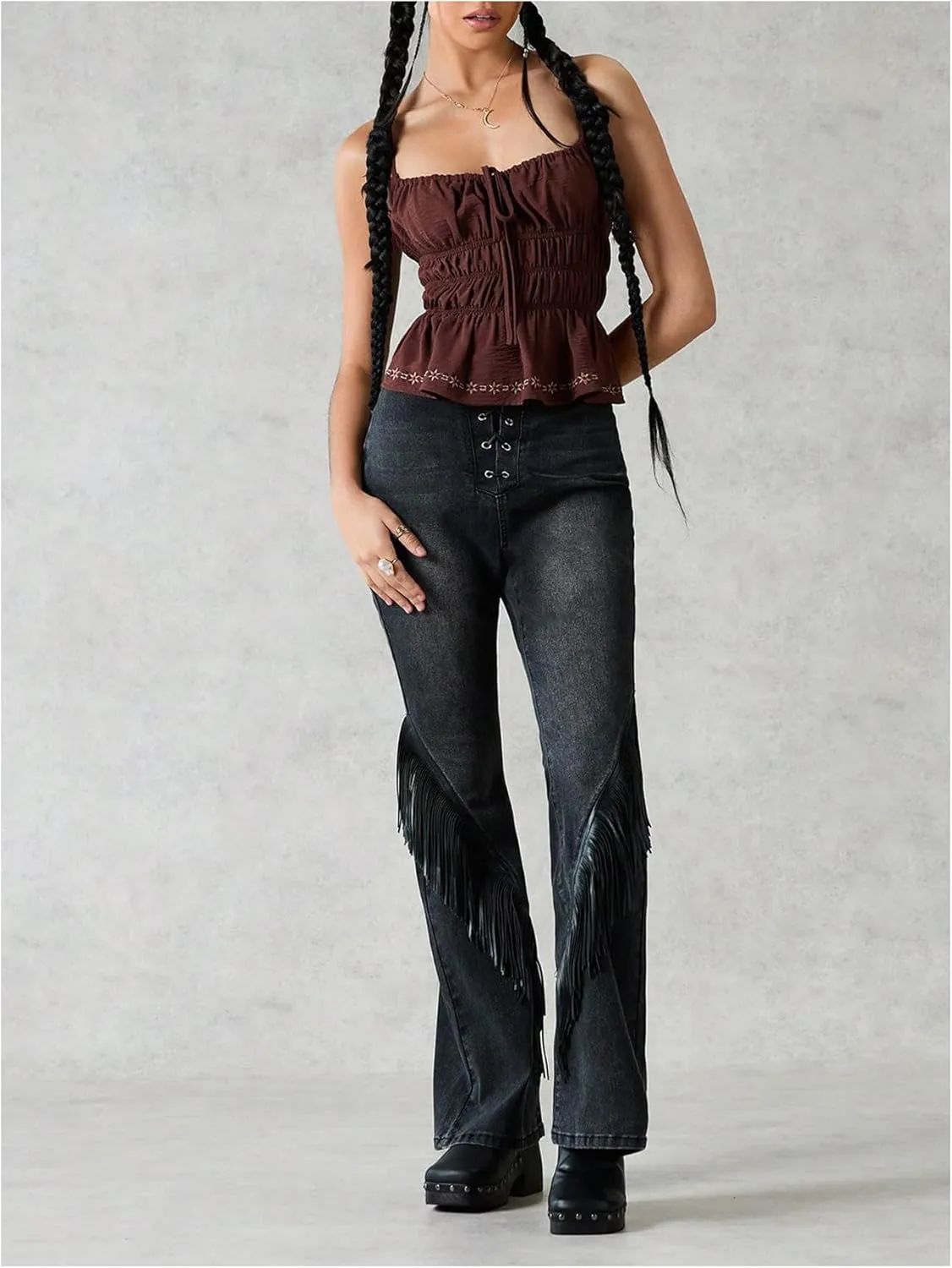 OYOANGLE Women's Boho Floral Embroidery Tie Front Cami Top Shirred Ruched Ruffle Camisole Tops