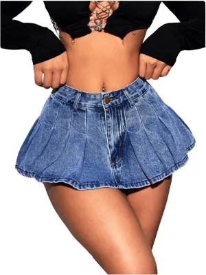 OYOANGLE Women's Pleated Mini Denim Skirt Y2K Drop Waist Flared A Line Jean Skirt