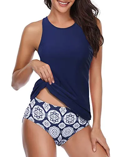 Padded Push Up Scoop Neck Tankini Top With Shorts-Navy Blue