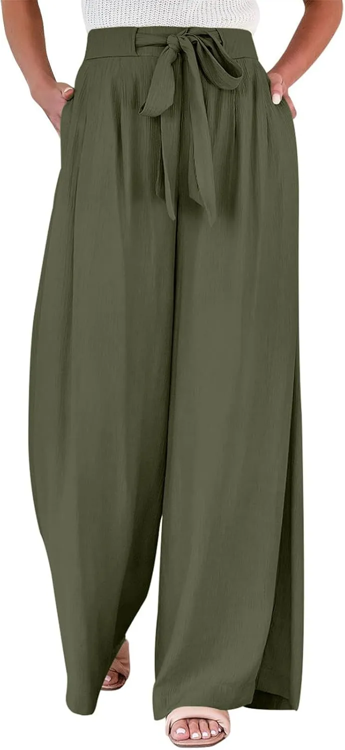Palazzo Pants for Women Casual Dressy Tie High Waisted Wide Leg Linen Pants Baggy Flowy Boho Beach Pants with Pockets