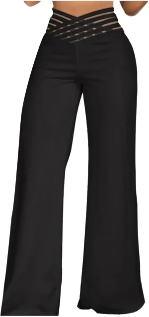 Palazzo Pants for Women Oversized Wide Leg High Waist Pants Summer Baggy Hollow Belt Lightweight Straight Leg Trouser