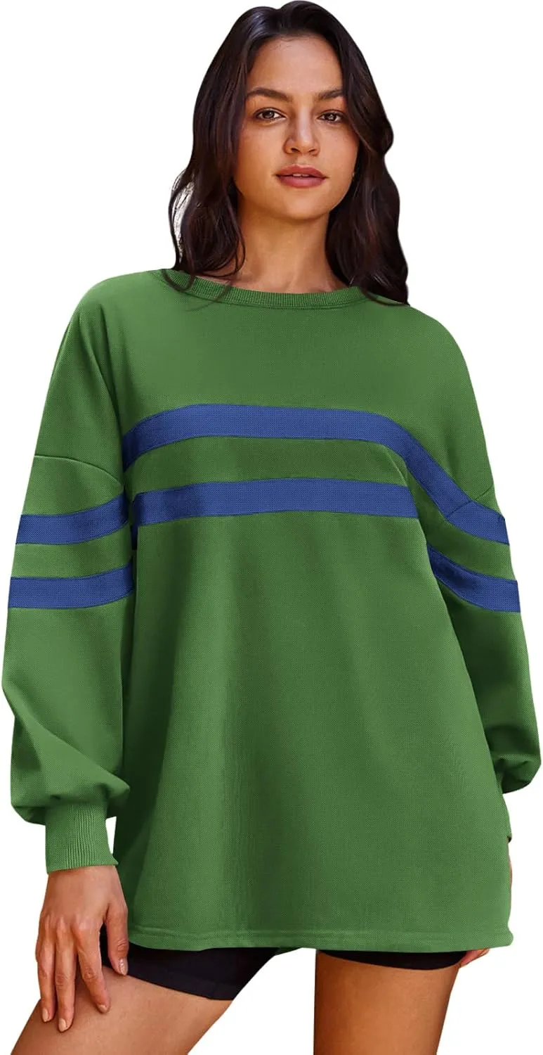 Panadila Womens Oversized Crewneck Sweatshirt Striped Pullover Long Sleeve Tunic Tops to Wear with Leggings