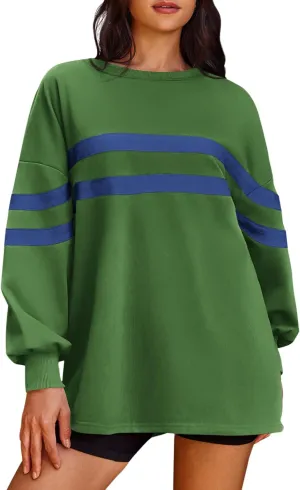 Panadila Womens Oversized Crewneck Sweatshirt Striped Pullover Long Sleeve Tunic Tops to Wear with Leggings