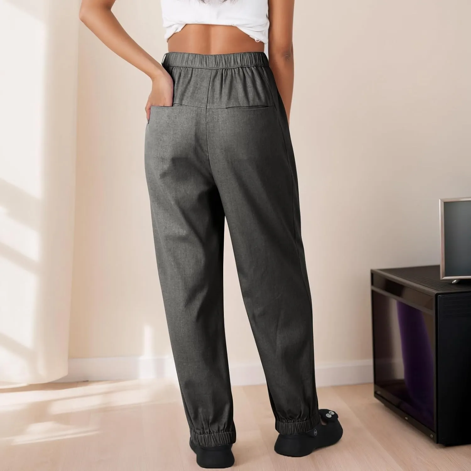 Pants for Women Women's Autumn Fashion Solid Color Elastic Waisted Casual Cropped Pants with Pockets 2024