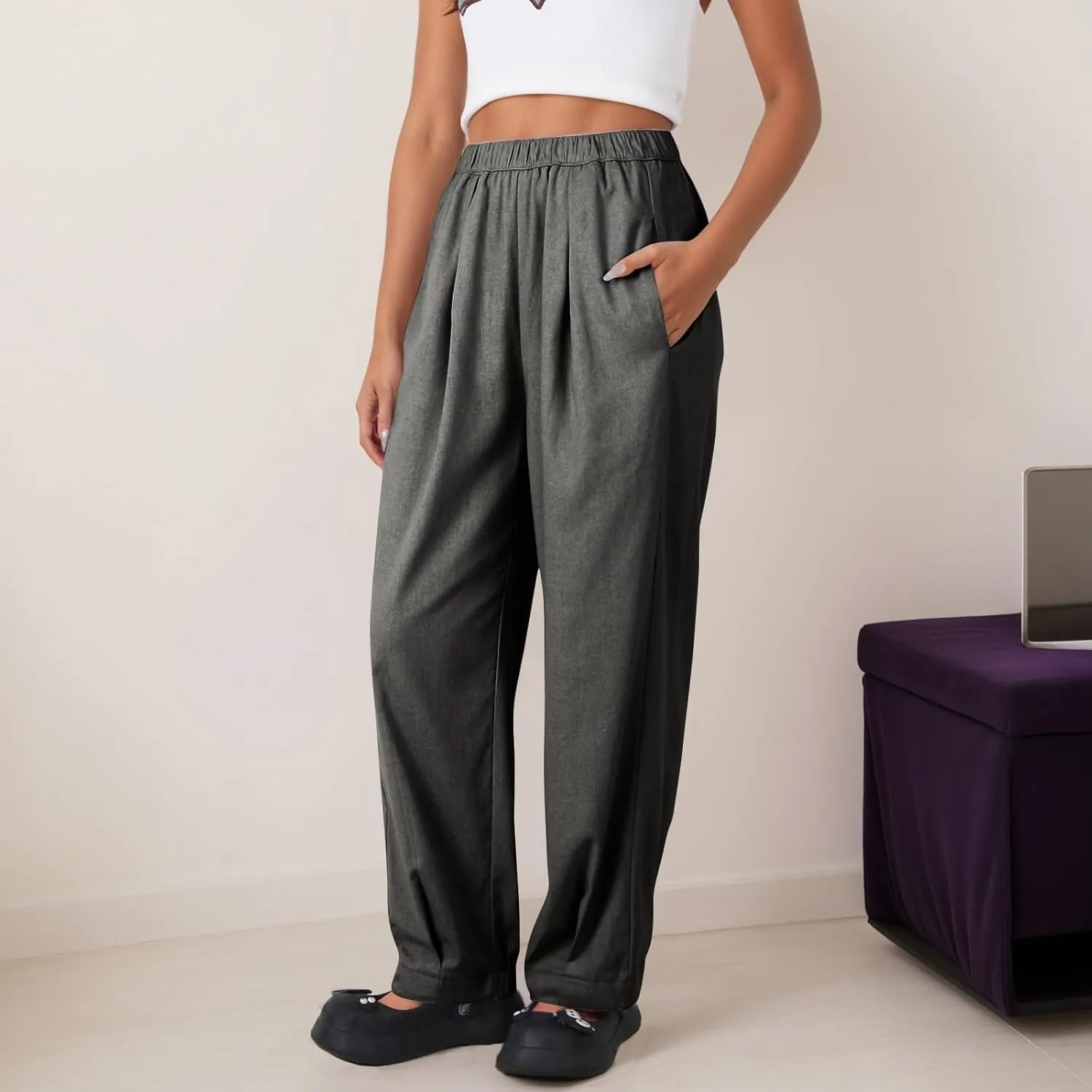 Pants for Women Women's Autumn Fashion Solid Color Elastic Waisted Casual Cropped Pants with Pockets 2024