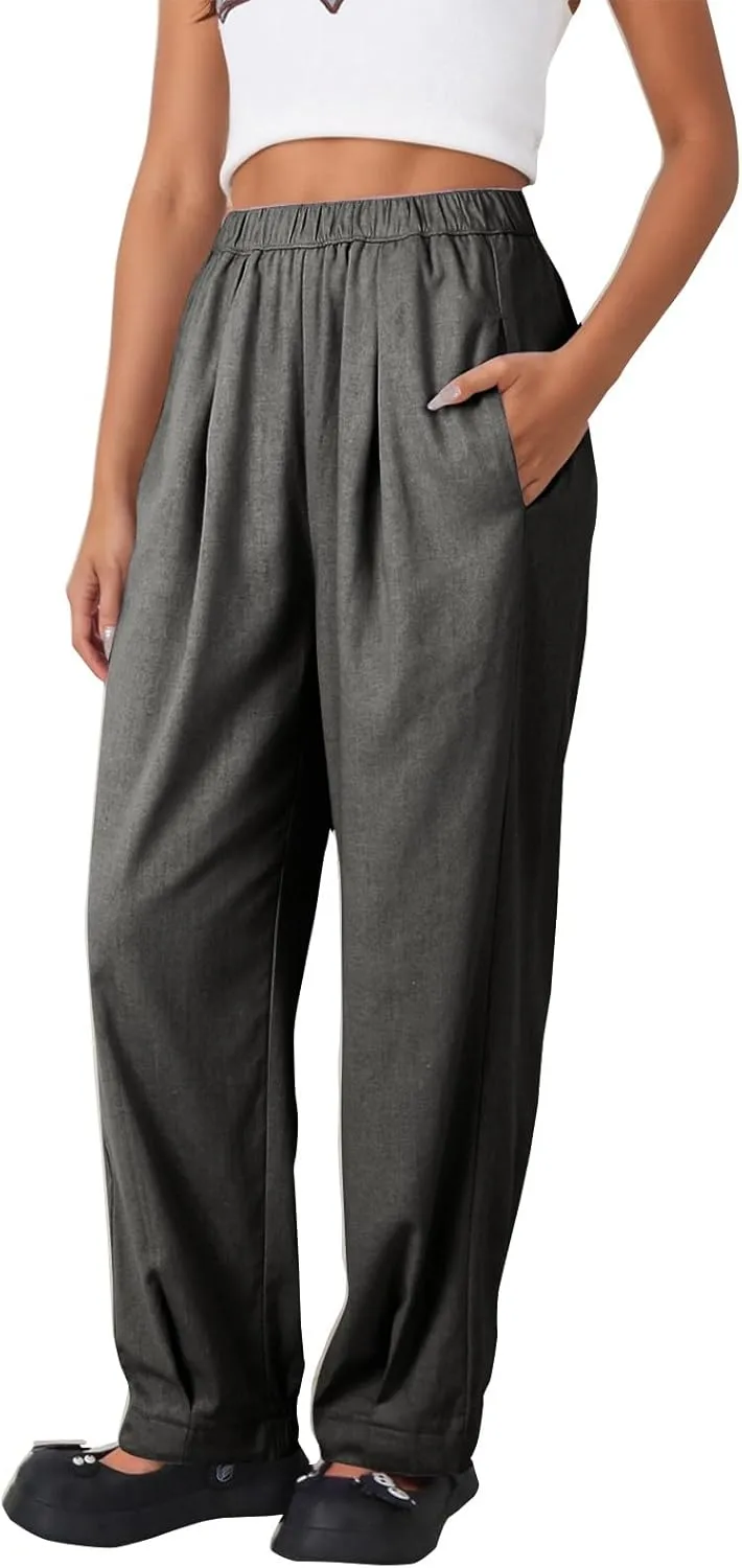 Pants for Women Women's Autumn Fashion Solid Color Elastic Waisted Casual Cropped Pants with Pockets 2024