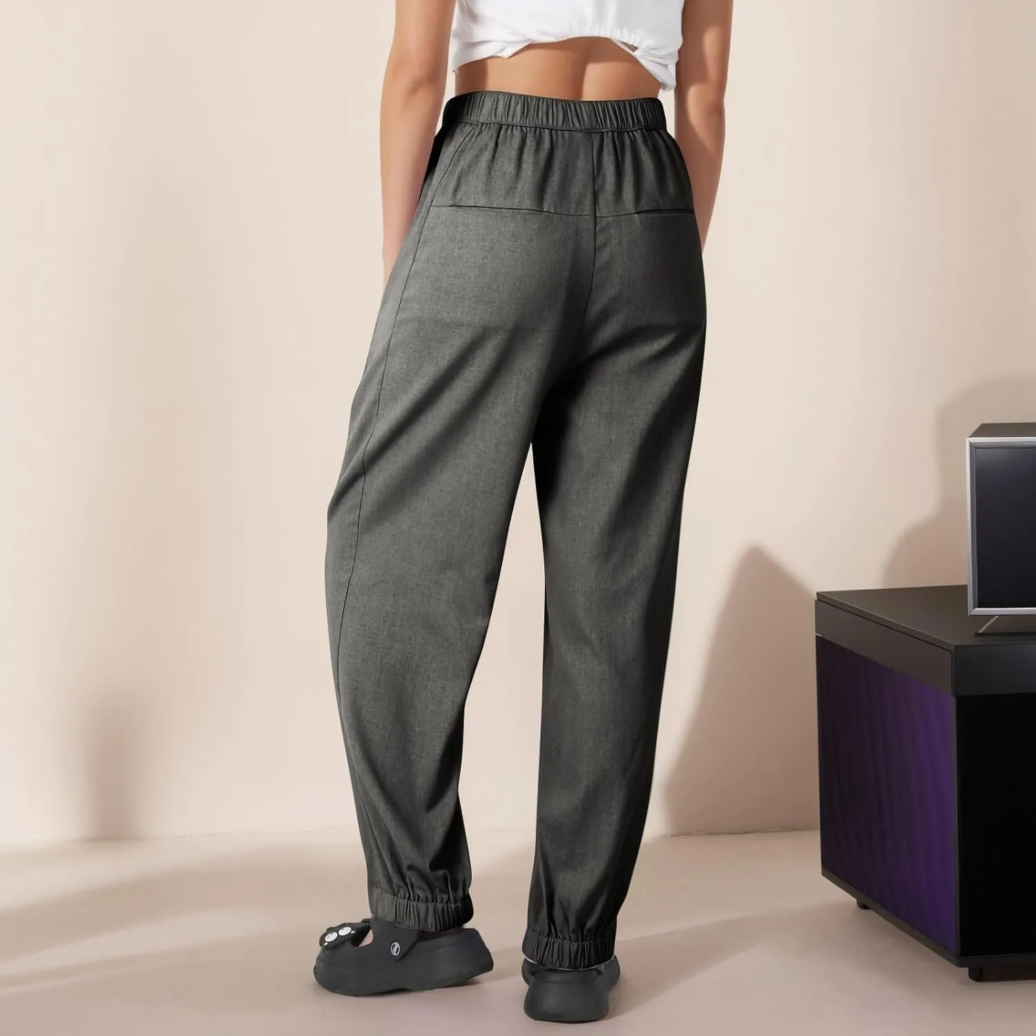 Pants for Women Women's Autumn Fashion Solid Color Elastic Waisted Casual Cropped Pants with Pockets 2024