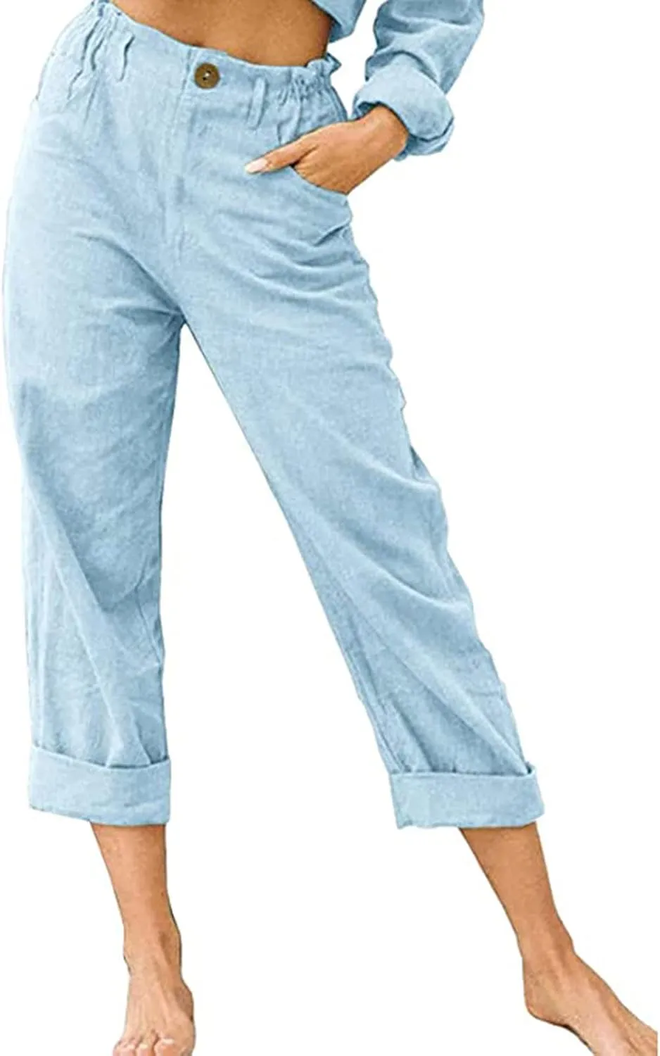Peasant Pants for Women Summer Beach Cotton Linen Capris 3/4 Sweatpants Yoga Pant Elastic Waist Cropped Lounge Slacks