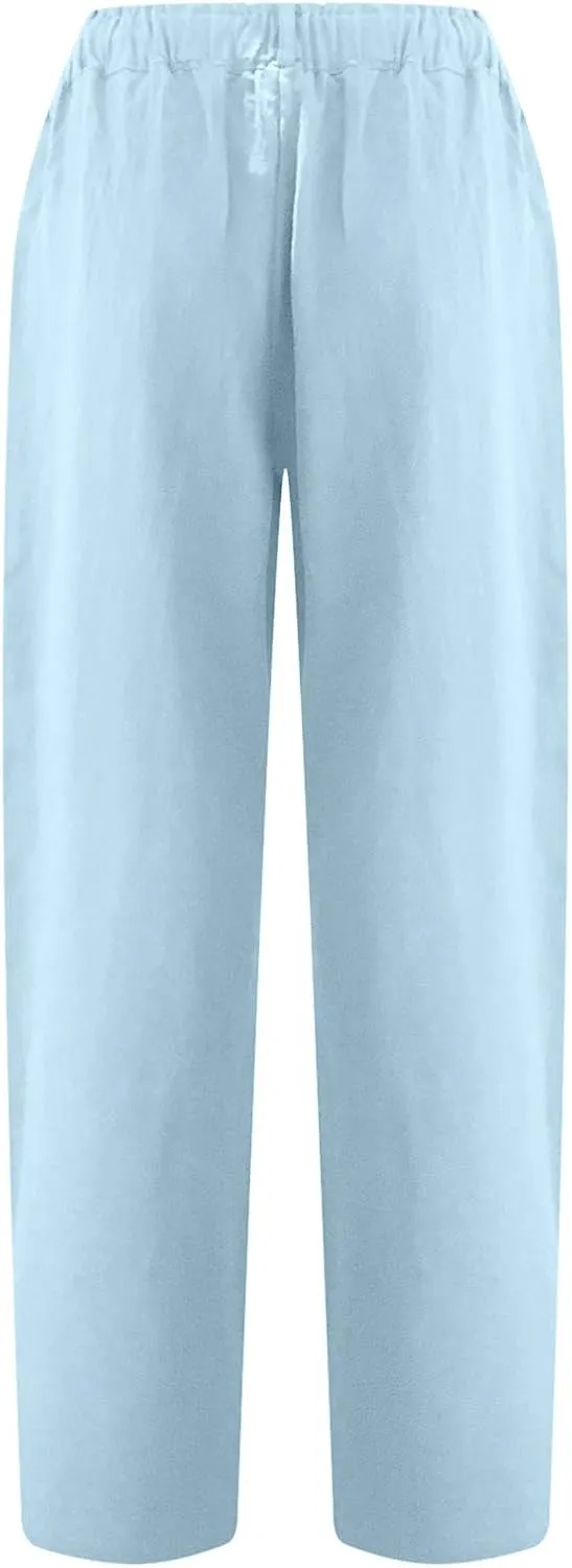 Peasant Pants for Women Summer Beach Cotton Linen Capris 3/4 Sweatpants Yoga Pant Elastic Waist Cropped Lounge Slacks