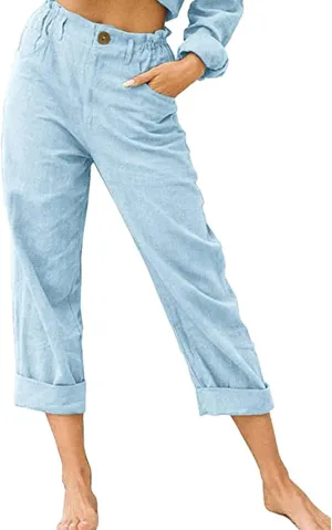 Peasant Pants for Women Summer Beach Cotton Linen Capris 3/4 Sweatpants Yoga Pant Elastic Waist Cropped Lounge Slacks