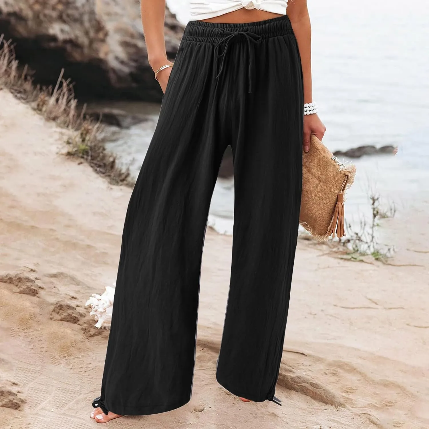 Petite Linen Pants Capri Summer Palazzo Wide Leg Linen Pant Women's Cotton Trousers Suits