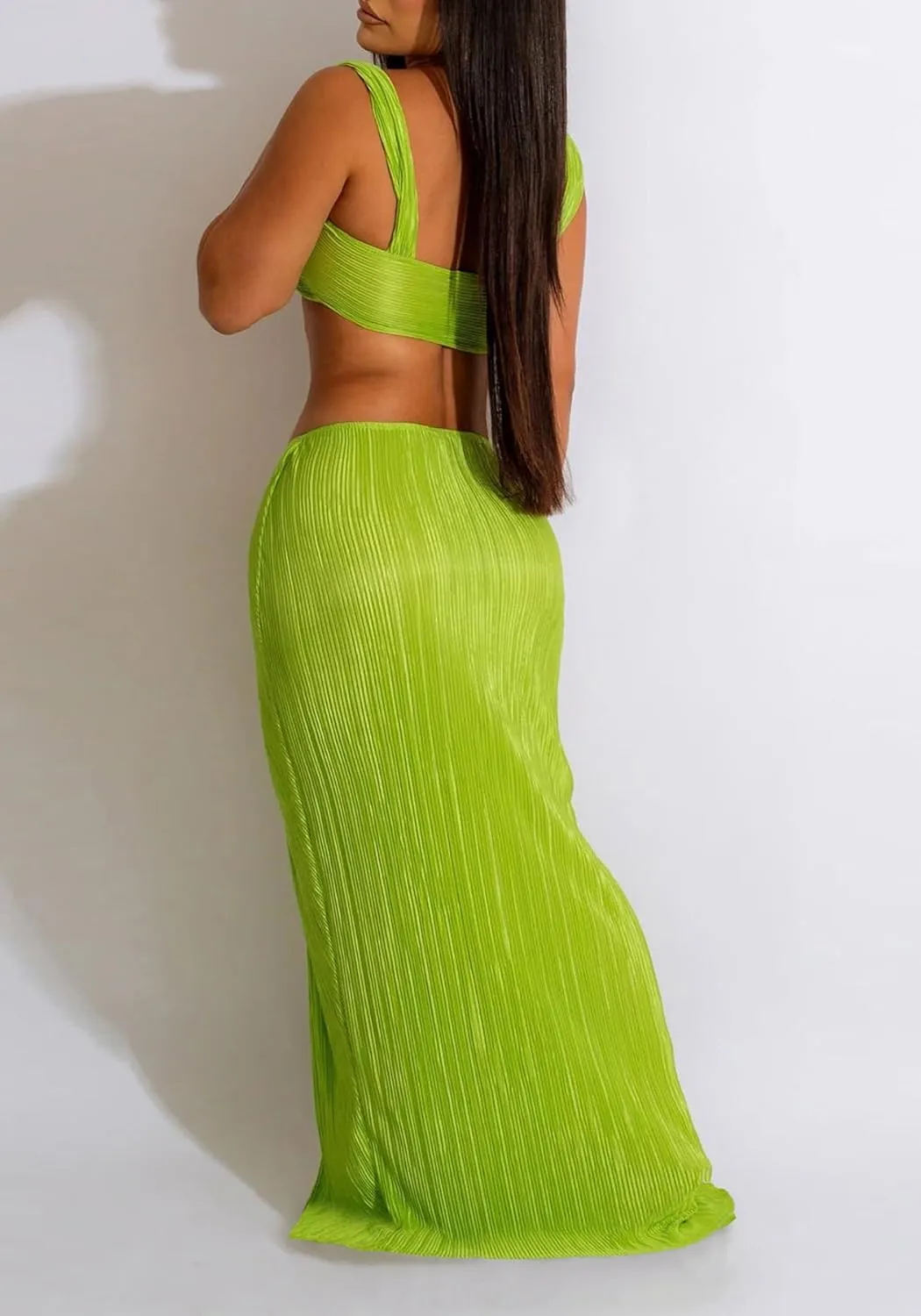 Ptorlio Skirt Sets Women 2 Piece Outfits Pleated Maxi Skirts with Slit and Top Club Beach Set