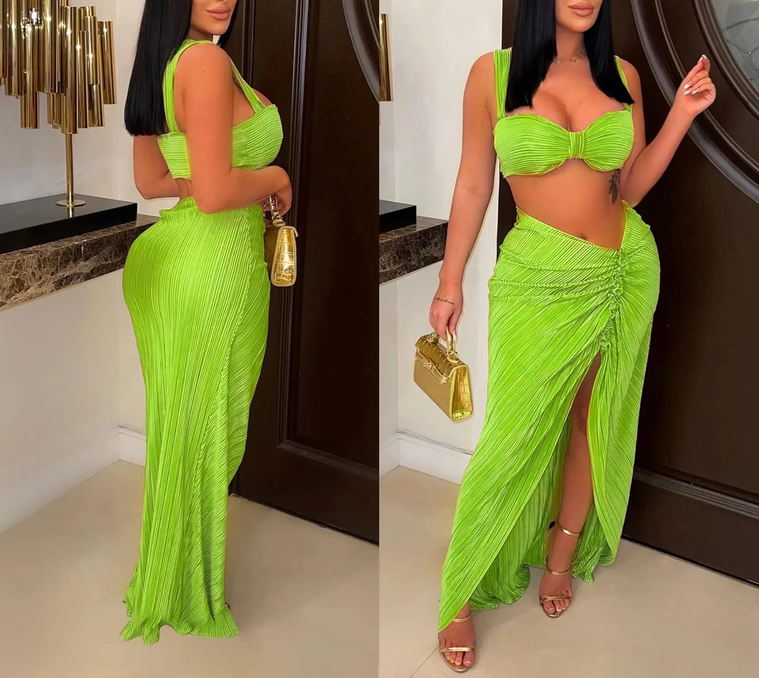 Ptorlio Skirt Sets Women 2 Piece Outfits Pleated Maxi Skirts with Slit and Top Club Beach Set