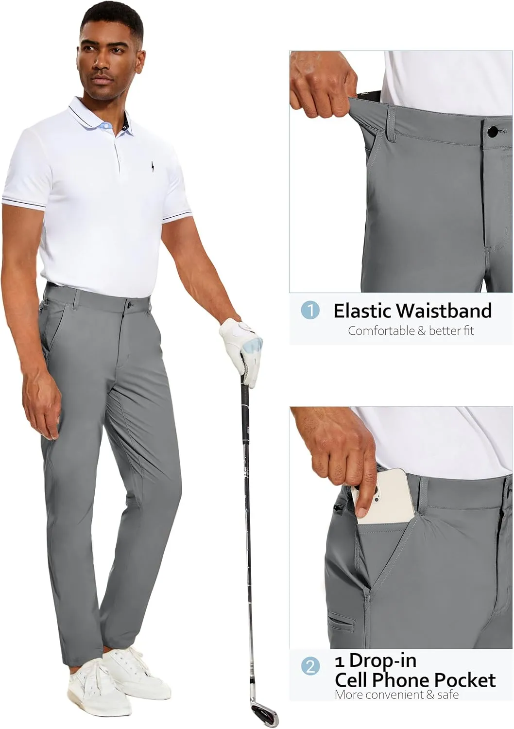 PULI Golf Pants Men Stretch Slim Fit Lightweight Waterproof Dress Casual Hiking Work Pants with Pockets