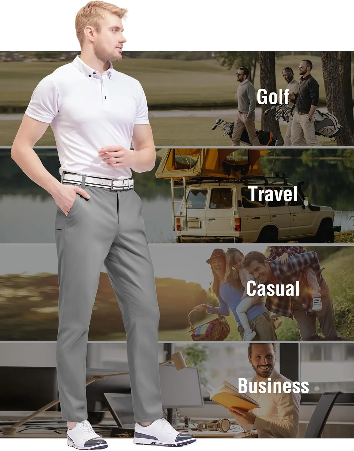 PULI Golf Pants Men Stretch Slim Fit Lightweight Waterproof Dress Casual Hiking Work Pants with Pockets